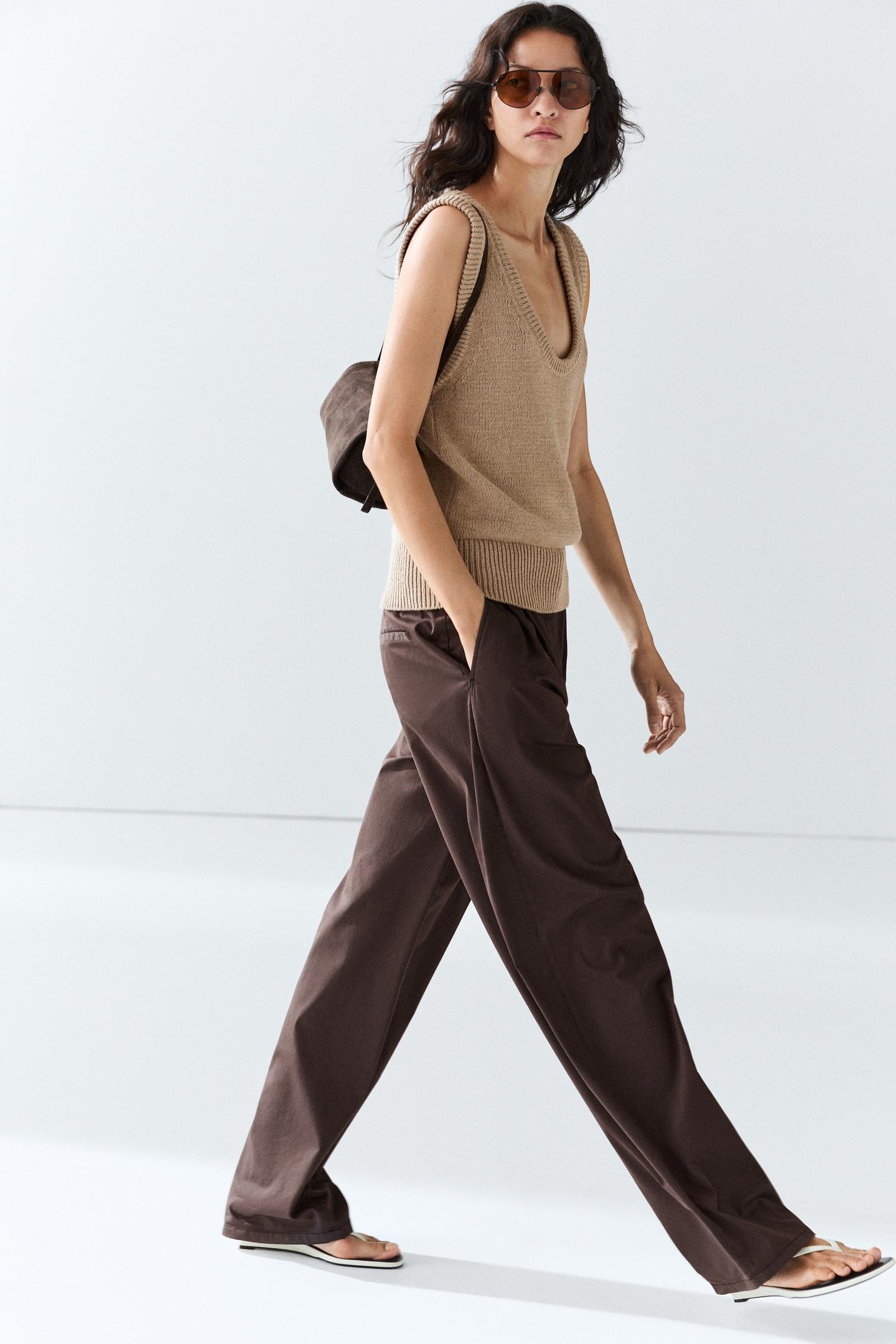PANTALON À PINCES EN POPELINE DE COTON MÉLANGÉ