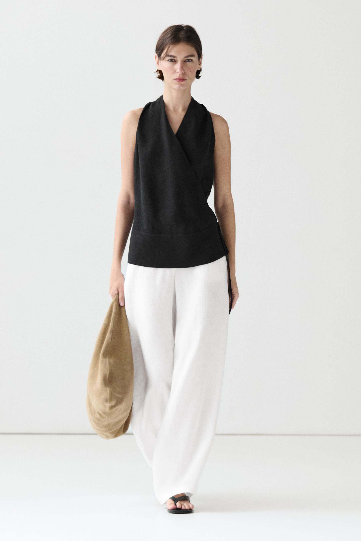 ENSEMBLE VESTE SANS MANCHES CROISÉE À NOUER | PANTALON FLUIDE 100% LIN