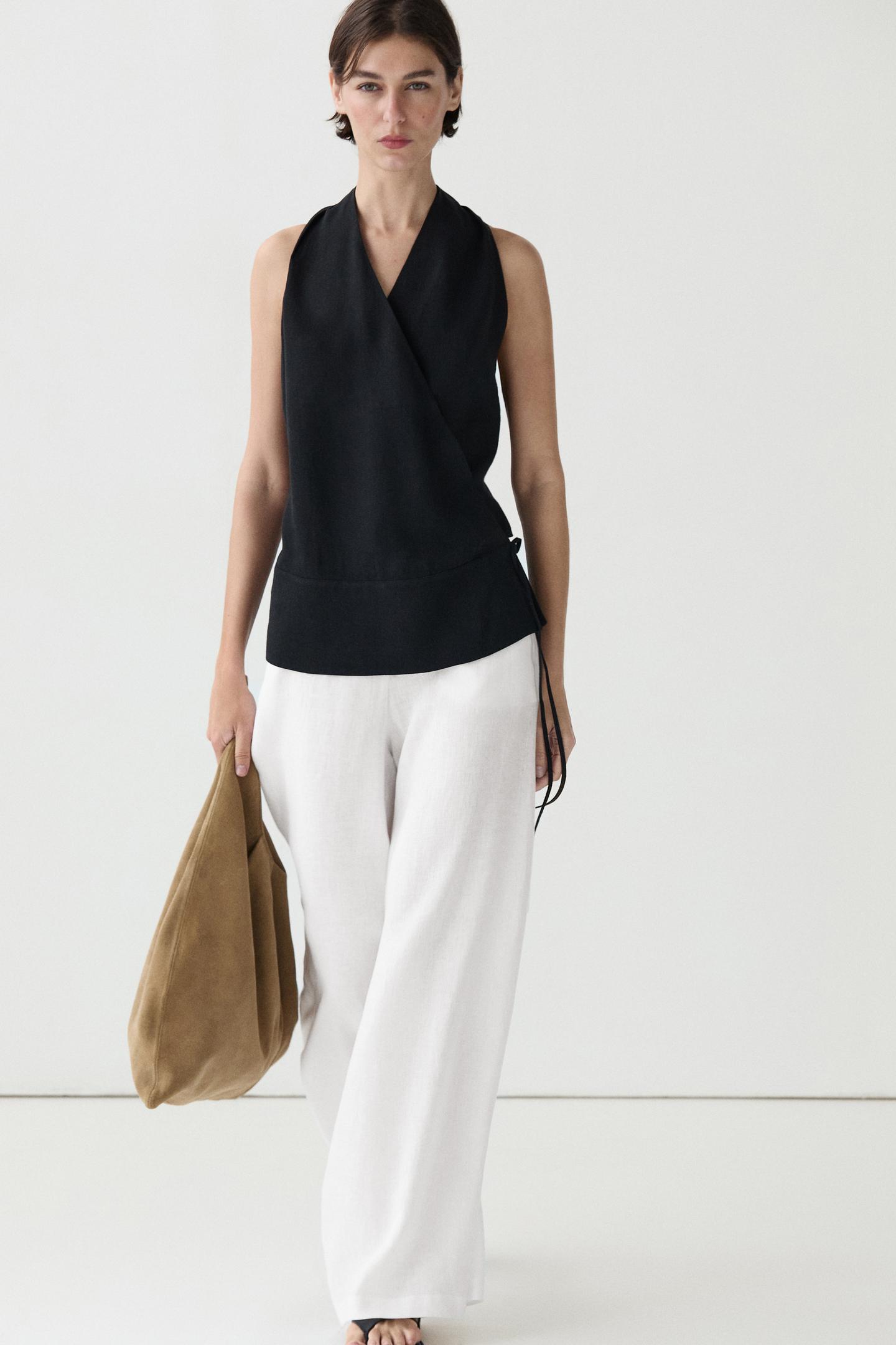 ENSEMBLE VESTE SANS MANCHES CROISÉE À NOUER | PANTALON FLUIDE 100% LIN