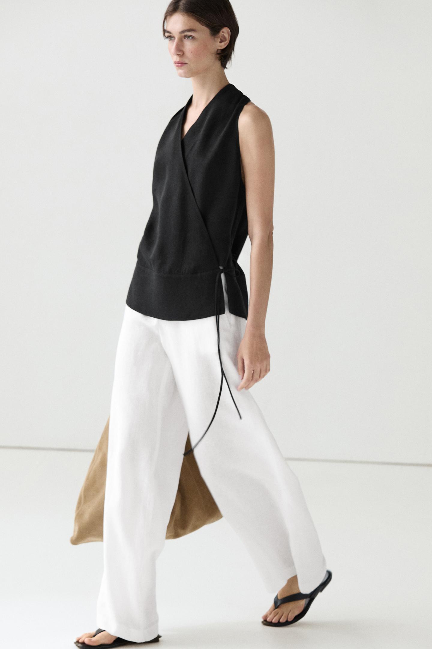 ENSEMBLE VESTE SANS MANCHES CROISÉE À NOUER | PANTALON FLUIDE 100% LIN
