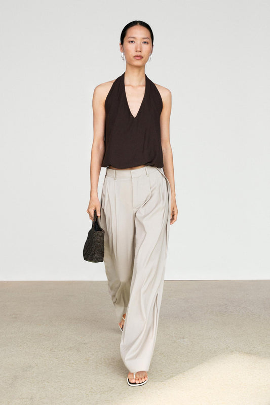PANTALON EN LAINE MÉLANGÉE À PINCES ET BOUTONS