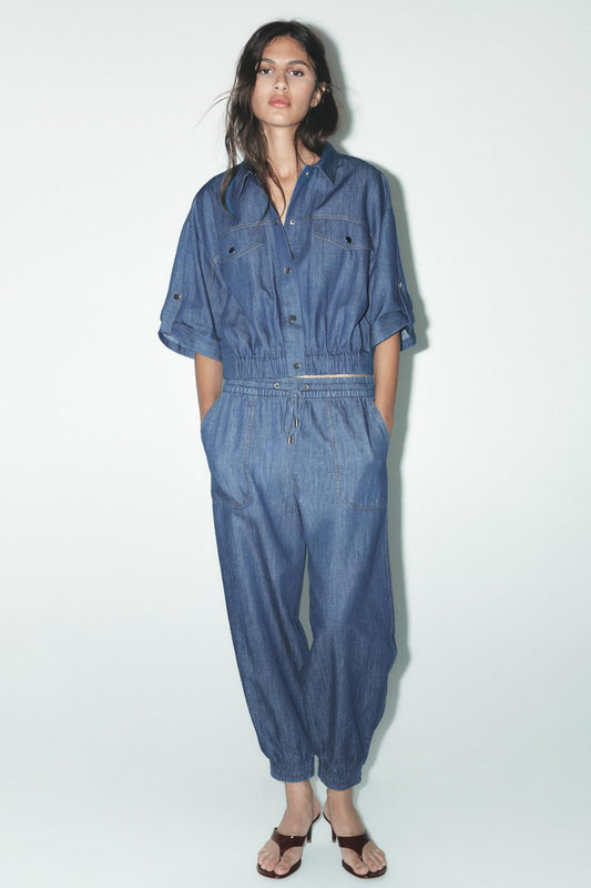 ENSEMBLE VESTE EN LIN À MANCHES COURTES | PANTALON DE JOGGING AVEC LIN