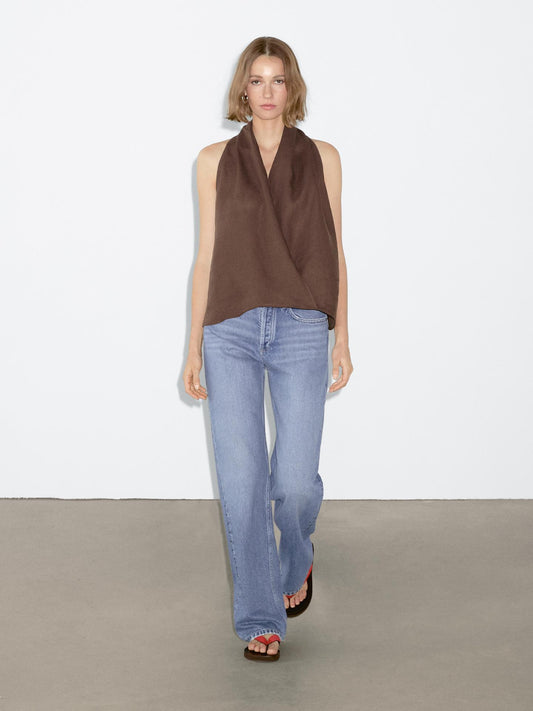 MASSIMO DUTTI TOP CACHE-COEUR LIN À ENCOLURE AMÉRICAINE