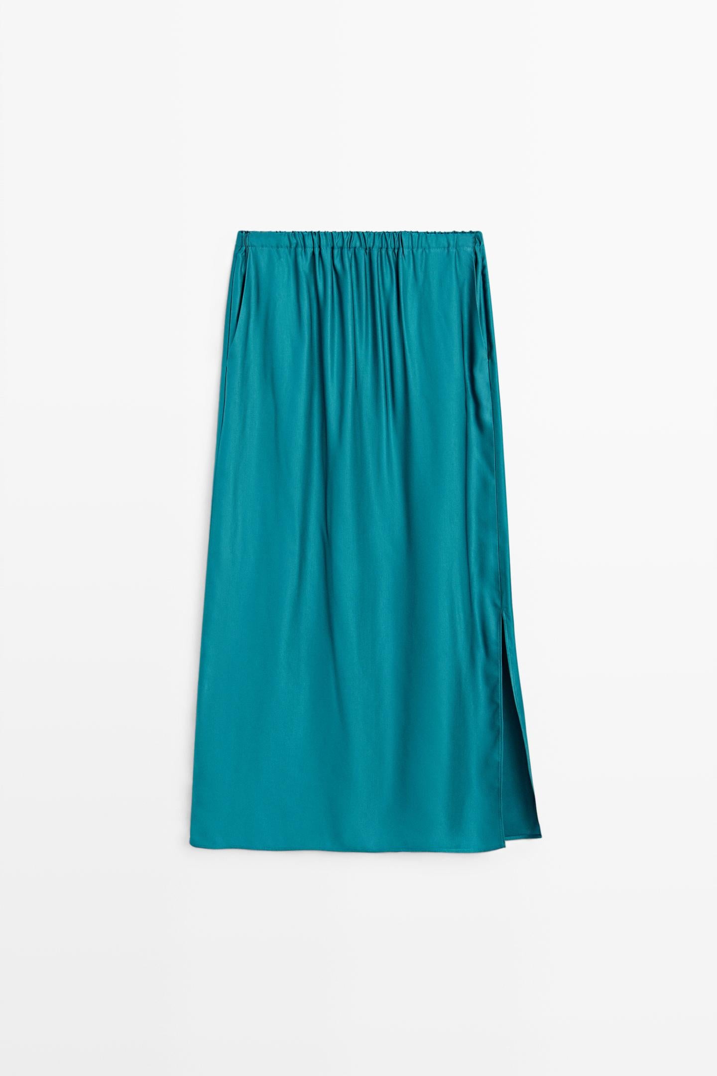 JUPE MIDI FLUIDE SATINÉE POCHES