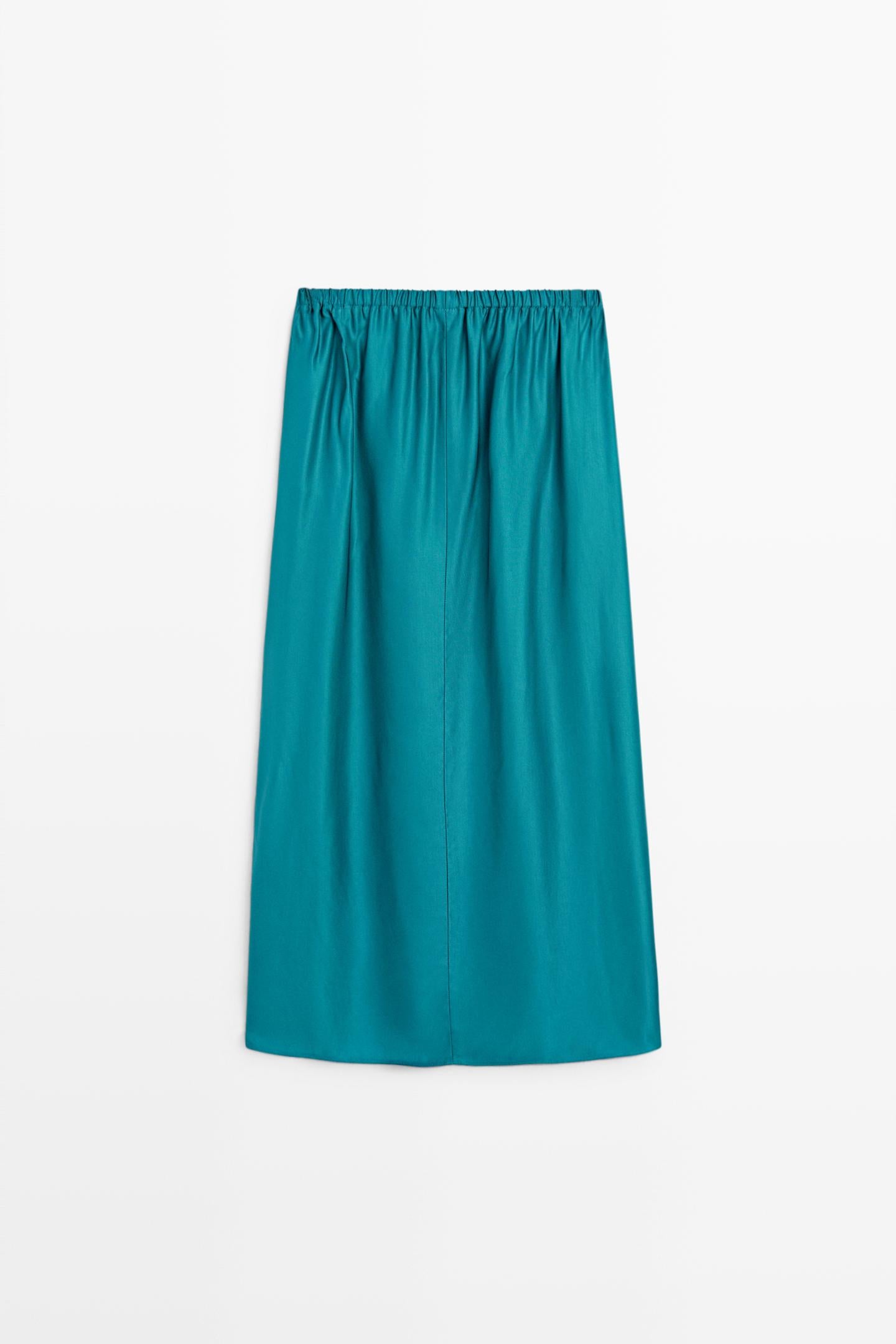 JUPE MIDI FLUIDE SATINÉE POCHES