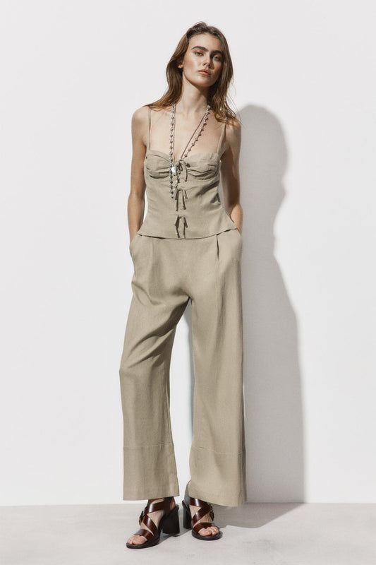 LONG LINEN BLEND JUMPSUIT WITH TIE DETAIL