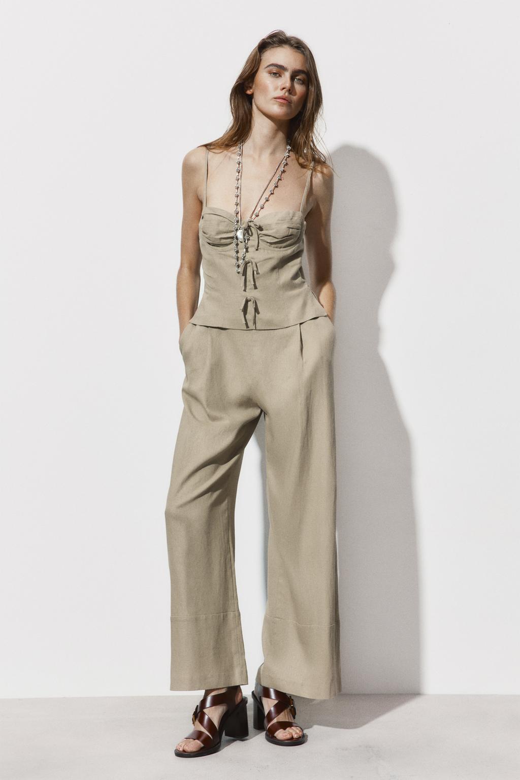 LONG LINEN BLEND JUMPSUIT WITH TIE DETAIL