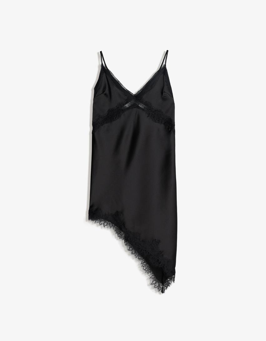 ROBE ASYMÉTRIQUE SATIN ET DENTELLE À BRETELLES