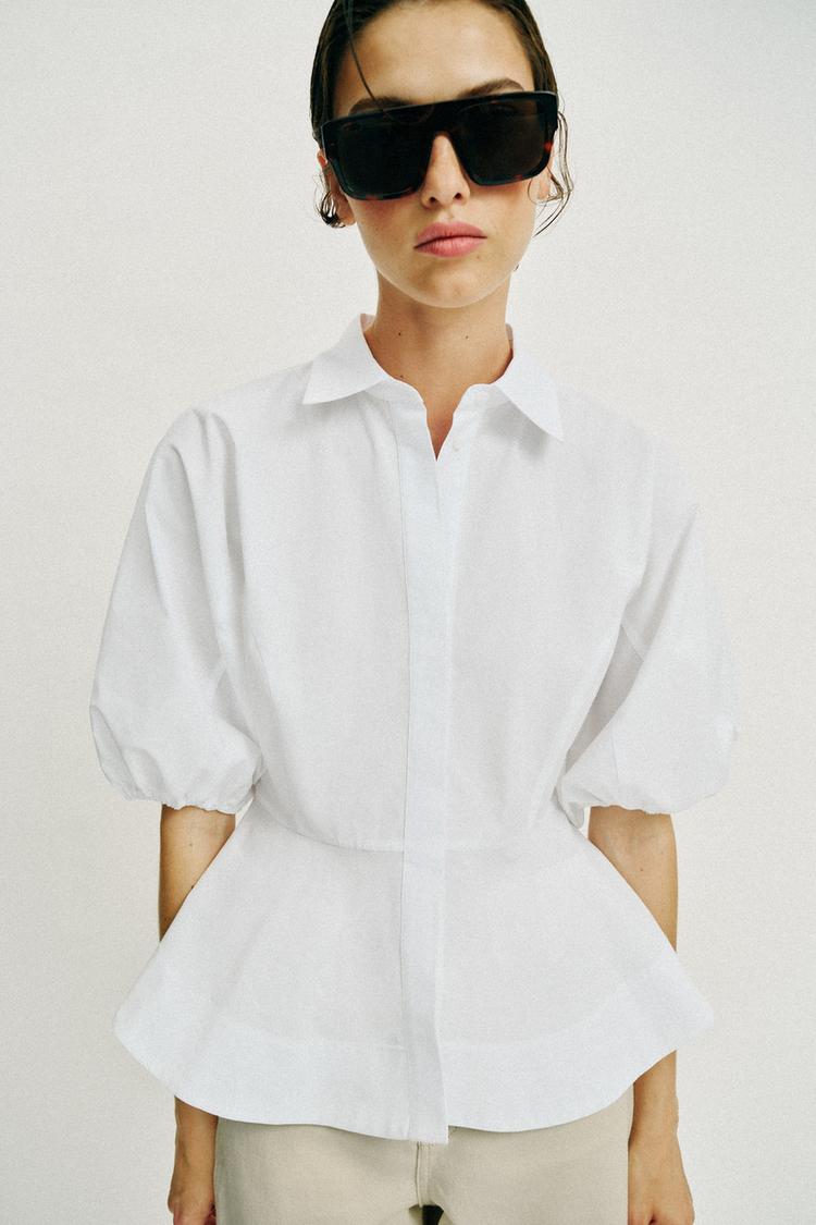 CHEMISE PÉPLUM À MANCHES BOUFFANTES