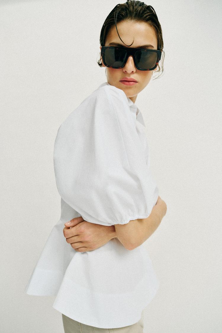 CHEMISE PÉPLUM À MANCHES BOUFFANTES