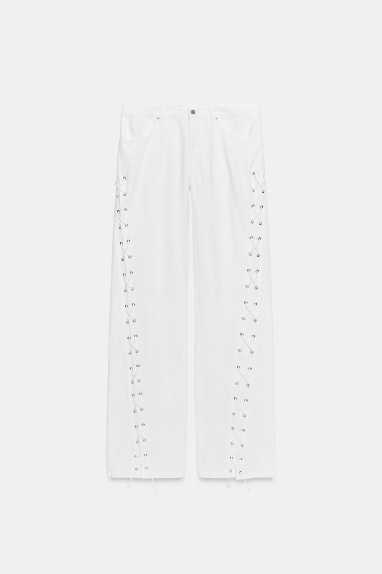 JEAN DROIT À LACETS DENIM TRF TAILLE MI-HAUTE