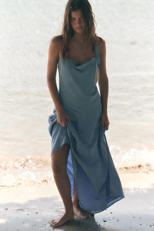 ROBE TRF HALTER ASYMÉTRIQUE EN DENIM
