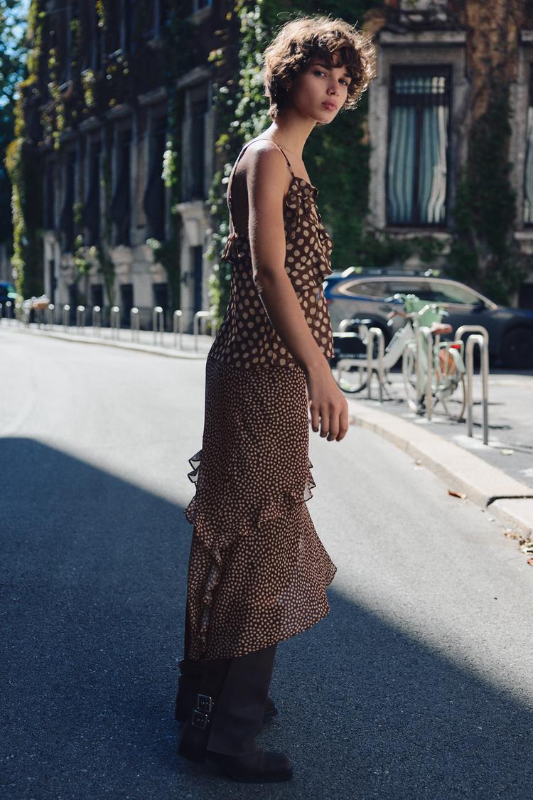 JUPE MIDI ASYMÉTRIQUE À POIS