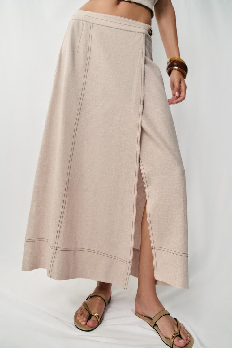 ENSEMBLE TOP | JUPE CROISÉE EN LIN À SURPIQÛRES