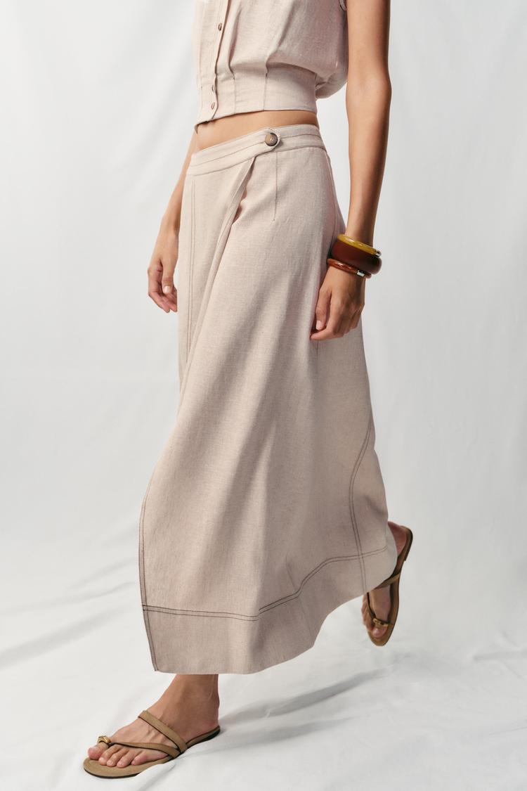 ENSEMBLE TOP | JUPE CROISÉE EN LIN À SURPIQÛRES