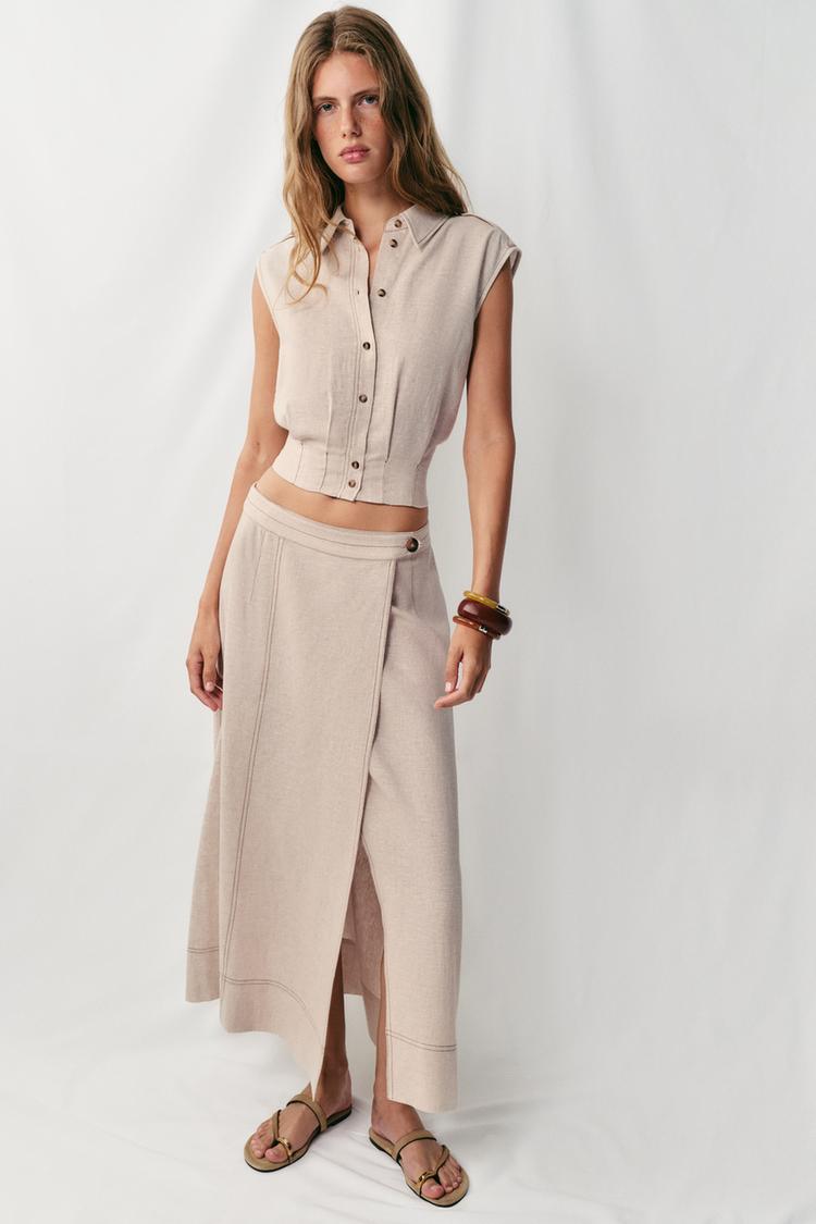 ENSEMBLE TOP | JUPE CROISÉE EN LIN À SURPIQÛRES