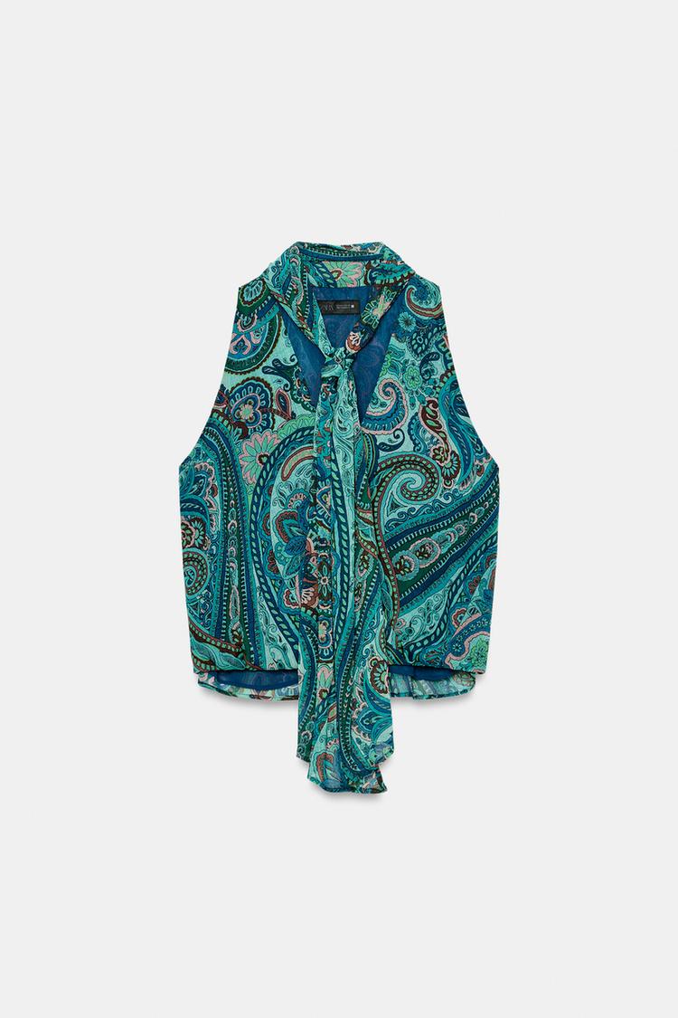 ENSEMBLE TOP IMPRIMÉ À NŒUD | JUPE IMPRIMÉE À CEINTURE