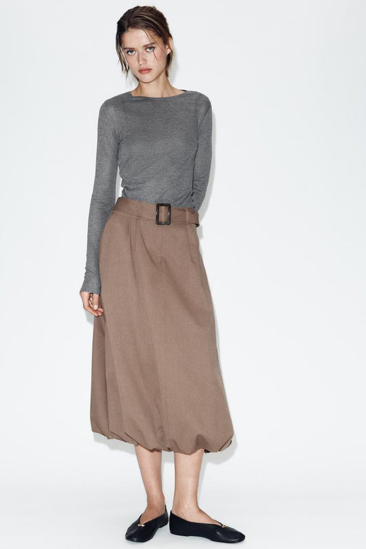 JUPE MIDI À CEINTURE ET COUPE BALLON