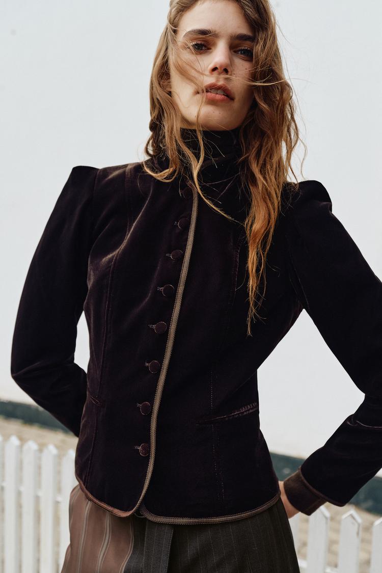 VELVET BLAZER WITH CONTRAST TRIM