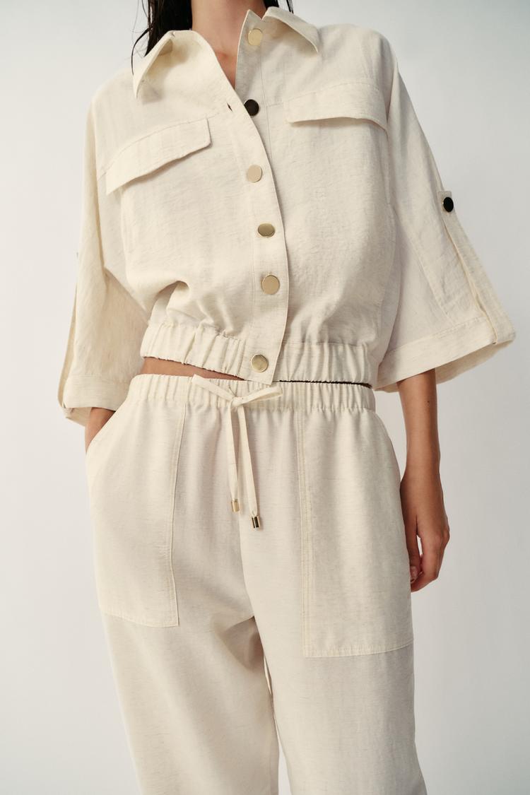 ENSEMBLE BLOUSE SAFARI À MANCHES RETROUSSÉES | PANTALON À TAILLE ÉLASTIQUE