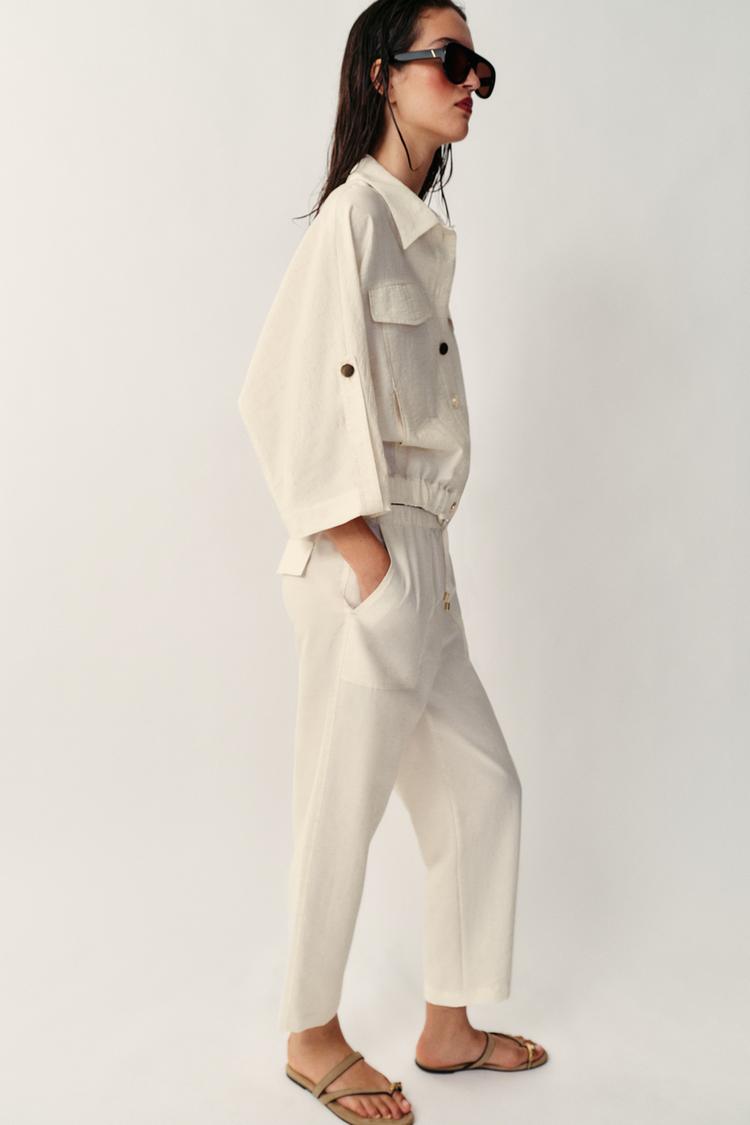ENSEMBLE BLOUSE SAFARI À MANCHES RETROUSSÉES | PANTALON À TAILLE ÉLASTIQUE