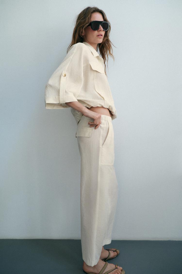 ENSEMBLE BLOUSE SAFARI À MANCHES RETROUSSÉES | PANTALON À TAILLE ÉLASTIQUE