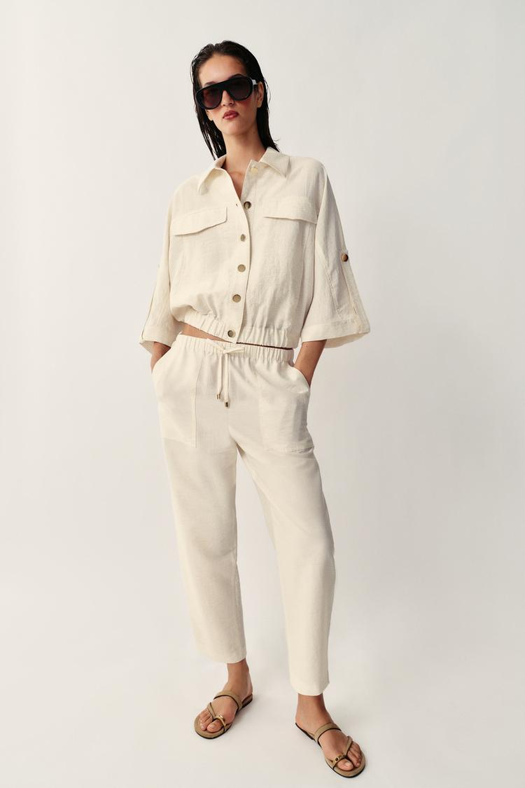ENSEMBLE BLOUSE SAFARI À MANCHES RETROUSSÉES | PANTALON À TAILLE ÉLASTIQUE