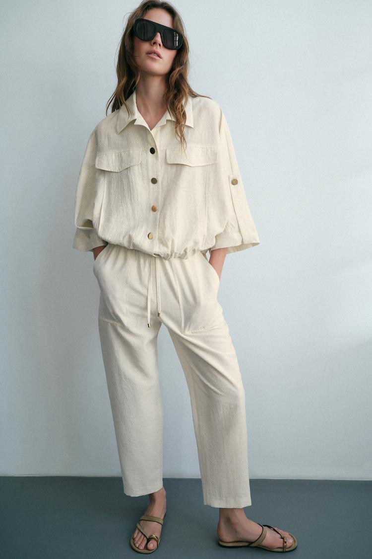 ENSEMBLE BLOUSE SAFARI À MANCHES RETROUSSÉES | PANTALON À TAILLE ÉLASTIQUE