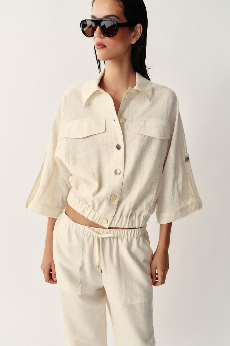ENSEMBLE BLOUSE SAFARI À MANCHES RETROUSSÉES | PANTALON À TAILLE ÉLASTIQUE