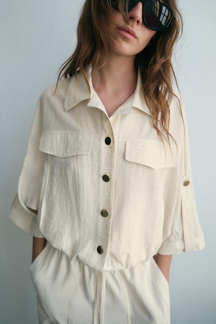 ENSEMBLE BLOUSE SAFARI À MANCHES RETROUSSÉES | PANTALON À TAILLE ÉLASTIQUE