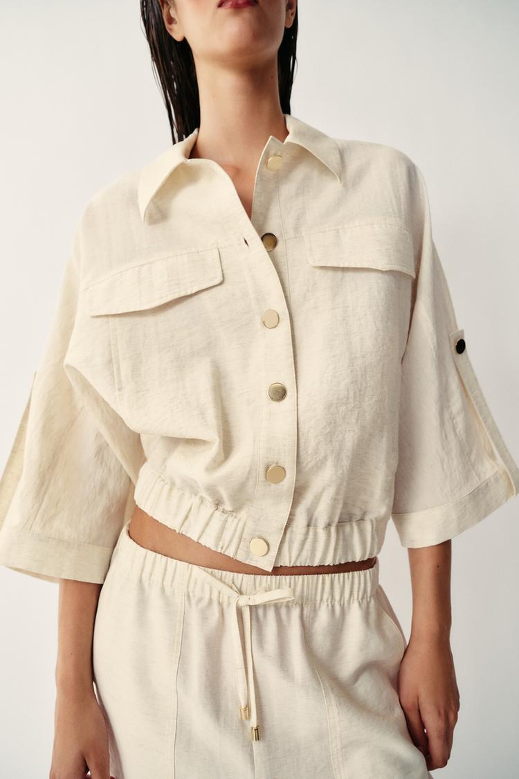 ENSEMBLE BLOUSE SAFARI À MANCHES RETROUSSÉES | PANTALON À TAILLE ÉLASTIQUE