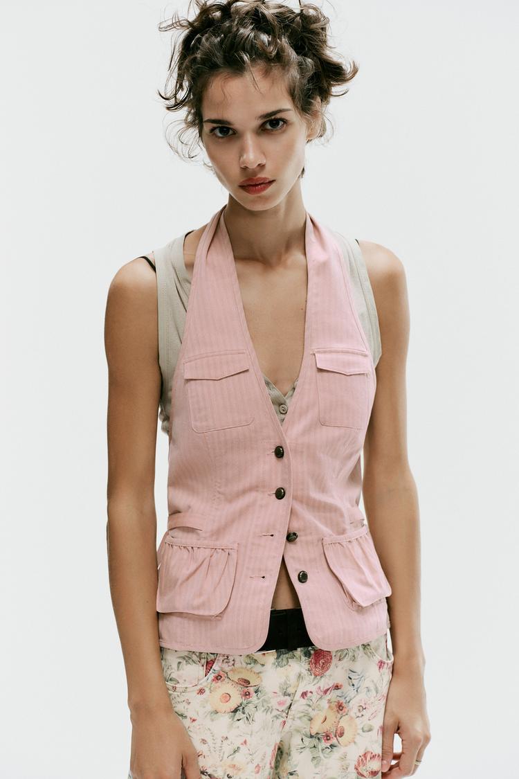 TOP HALTER À RAYURES ET POCHES