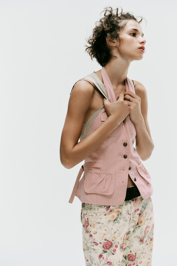TOP HALTER À RAYURES ET POCHES