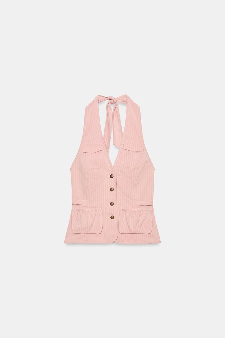 TOP HALTER À RAYURES ET POCHES