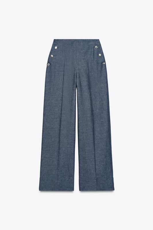 PANTALON LARGE À BOUTONS AVEC LIN