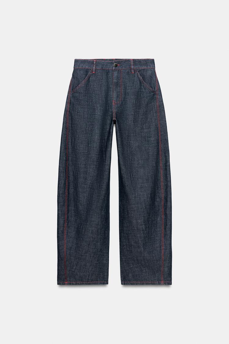 ENSEMBLE GILET  PANTALON BARREL EN LIN À SURPIQÛRES CONTRASTÉES