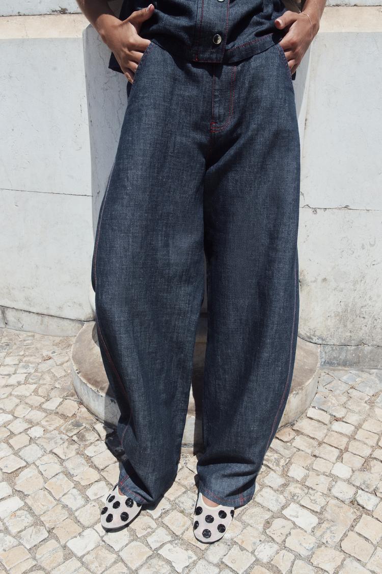 ENSEMBLE GILET  PANTALON BARREL EN LIN À SURPIQÛRES CONTRASTÉES