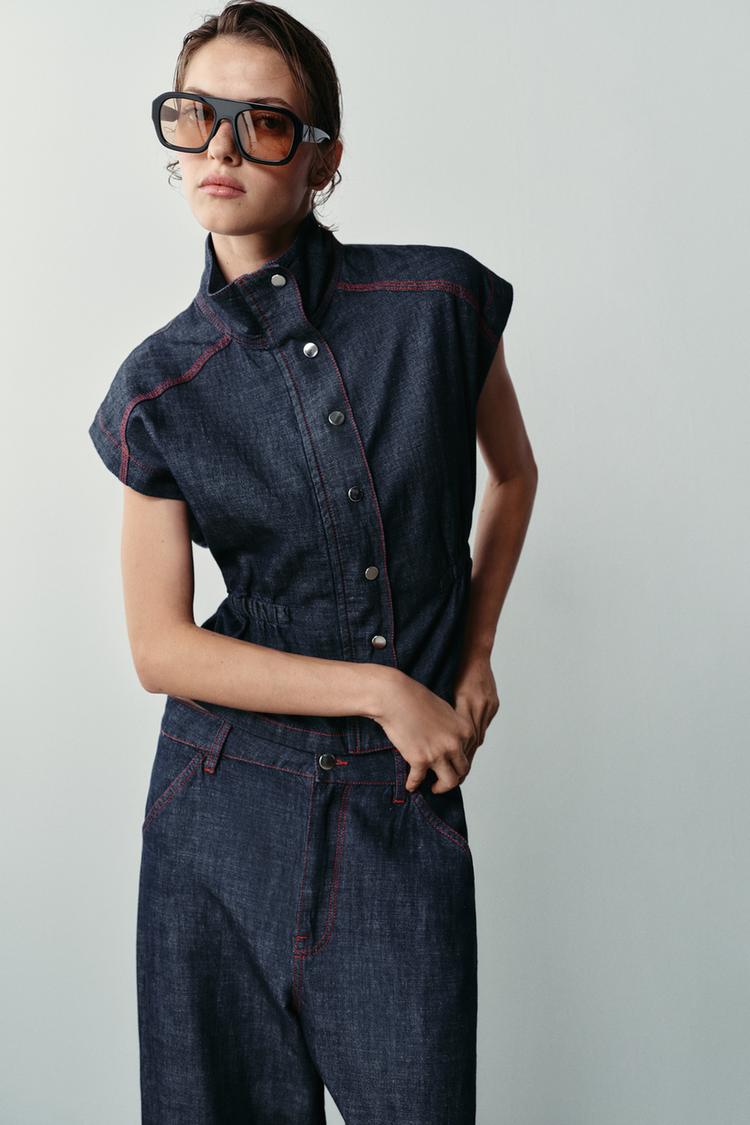 ENSEMBLE GILET  PANTALON BARREL EN LIN À SURPIQÛRES CONTRASTÉES