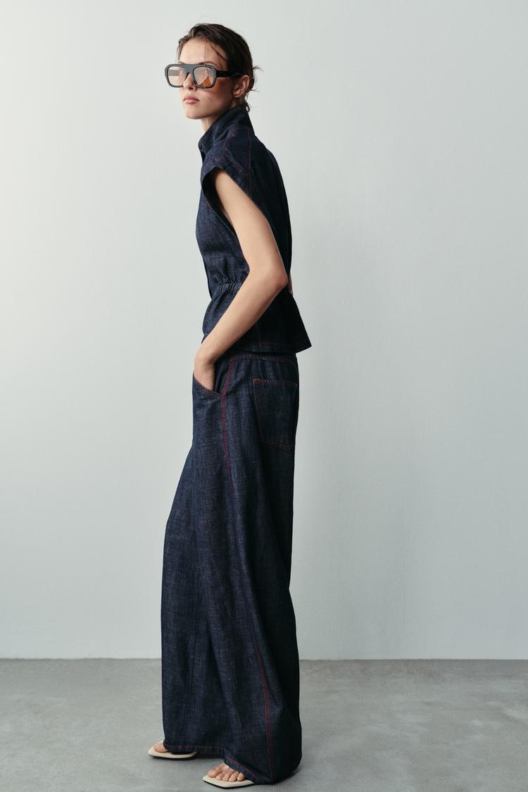 ENSEMBLE GILET  PANTALON BARREL EN LIN À SURPIQÛRES CONTRASTÉES