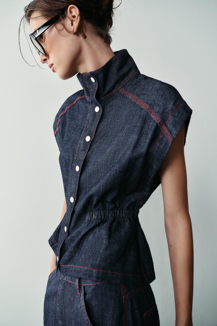 ENSEMBLE GILET  PANTALON BARREL EN LIN À SURPIQÛRES CONTRASTÉES