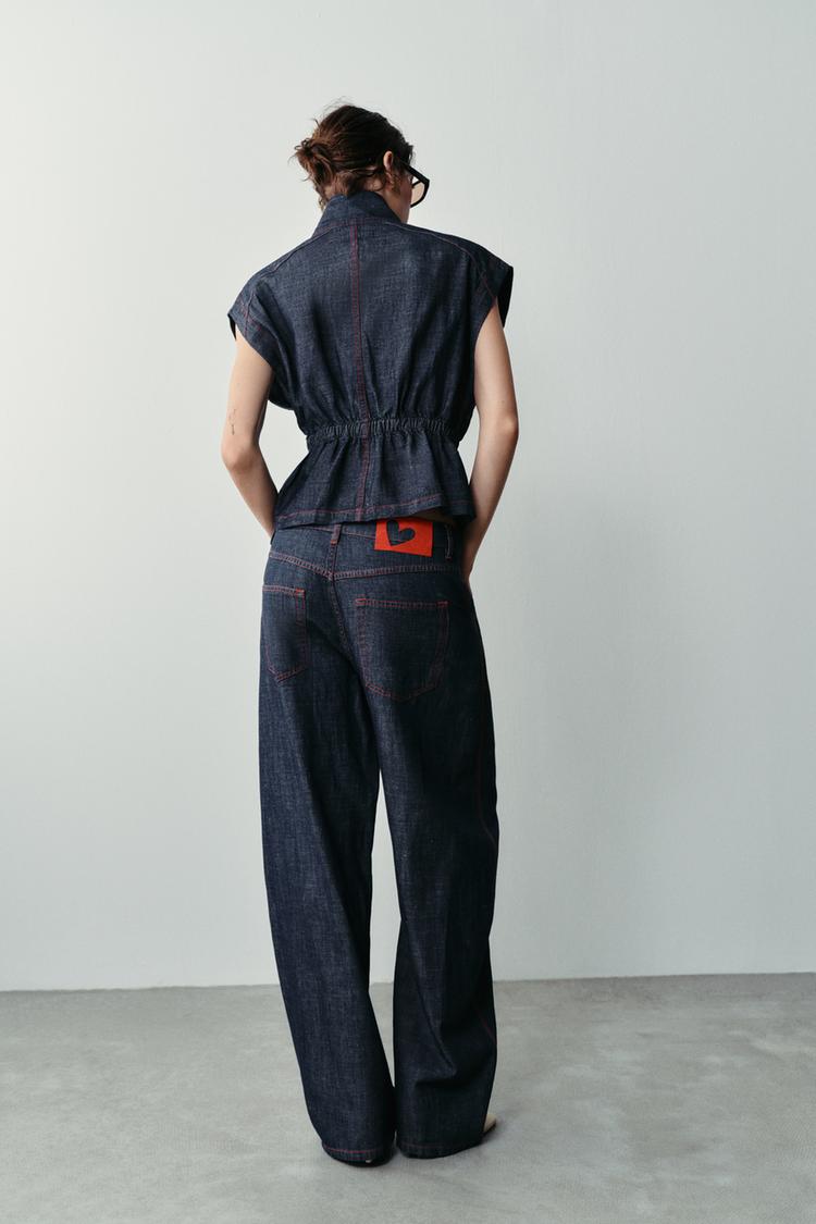 ENSEMBLE GILET  PANTALON BARREL EN LIN À SURPIQÛRES CONTRASTÉES