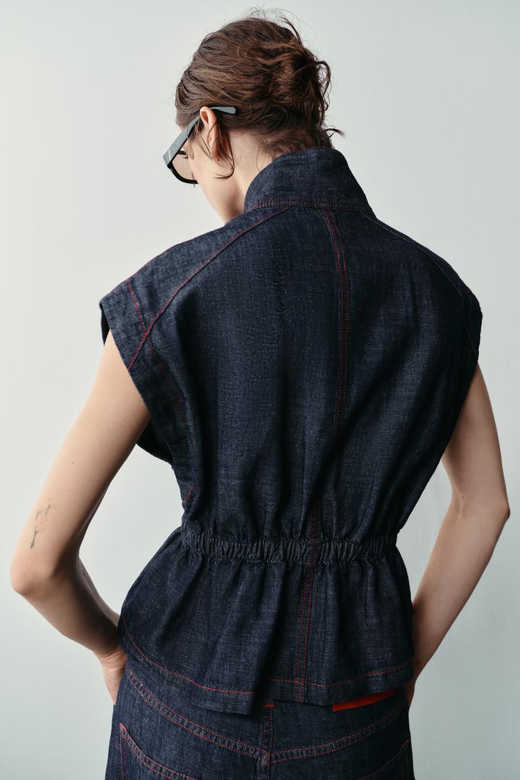 ENSEMBLE GILET  PANTALON BARREL EN LIN À SURPIQÛRES CONTRASTÉES