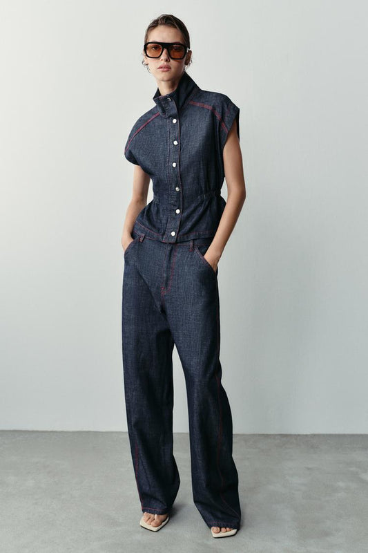 ENSEMBLE GILET  PANTALON BARREL EN LIN À SURPIQÛRES CONTRASTÉES
