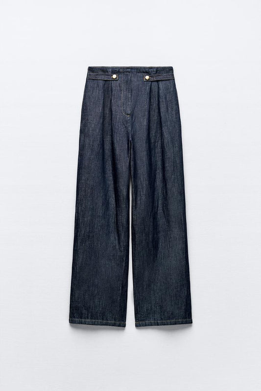 PANTALON EFFET DENIM WIDE LEG AVEC LIN