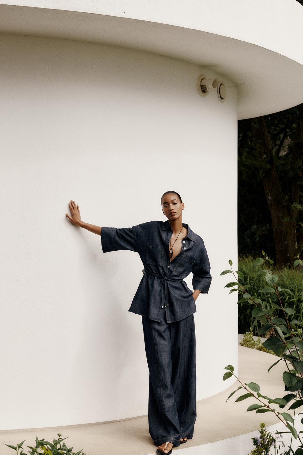 ENSEMBLE CHEMISE À CORDONS AVEC LIN | PANTALON À JAMBES LARGES