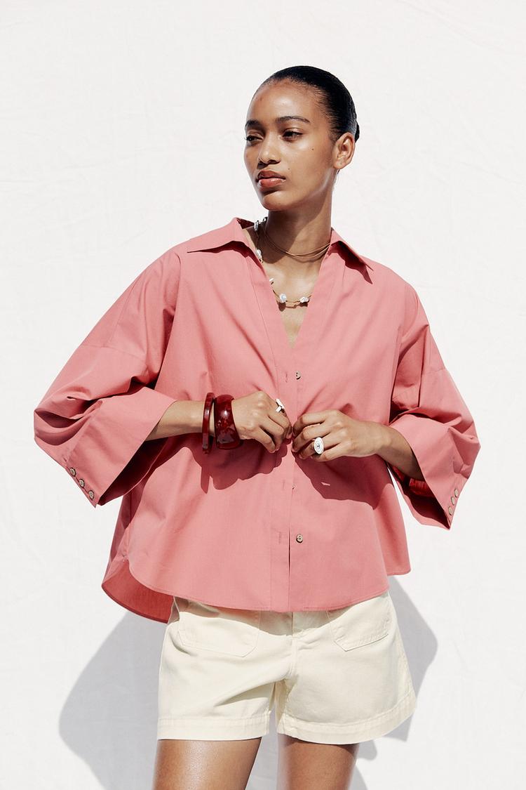 CHEMISE EN POPELINE AVEC MANCHES LARGES