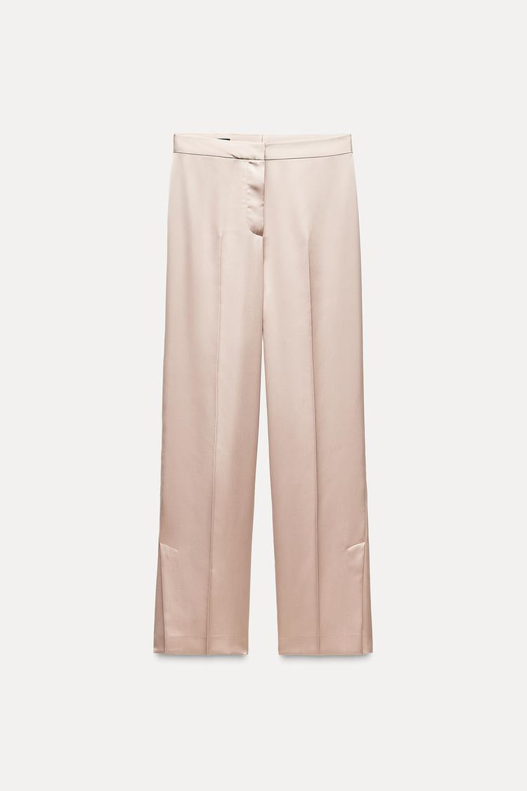 PANTALON SATINÉ BAS FENTES ROSE POUDRÉ