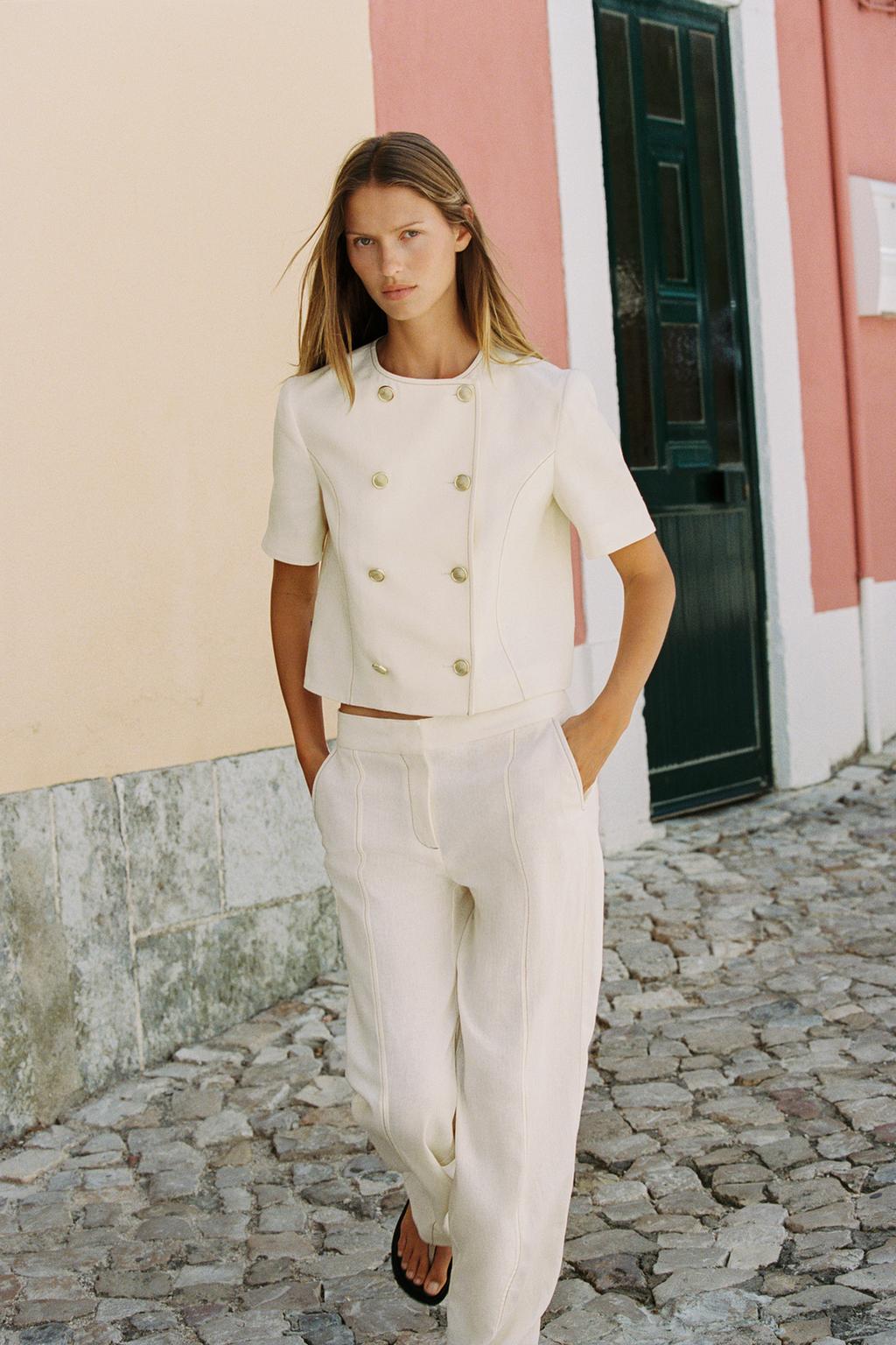 ENSEMBLE BLAZER MANCHES COURTES AVEC LIN | PANTALON DROIT AVEC LIN SURPIQÛRES CONTRASTE