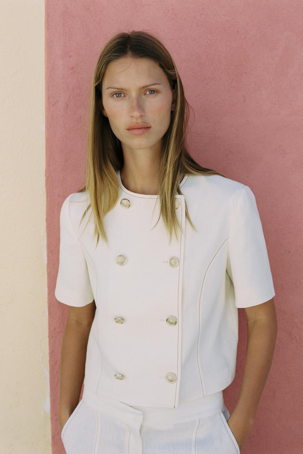 ENSEMBLE BLAZER MANCHES COURTES AVEC LIN | PANTALON DROIT AVEC LIN SURPIQÛRES CONTRASTE