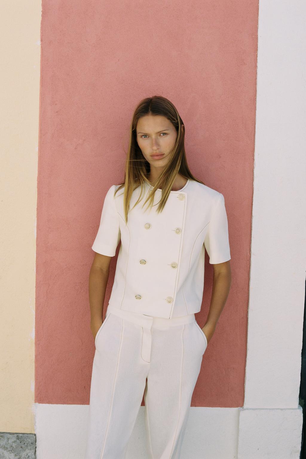 ENSEMBLE BLAZER MANCHES COURTES AVEC LIN | PANTALON DROIT AVEC LIN SURPIQÛRES CONTRASTE